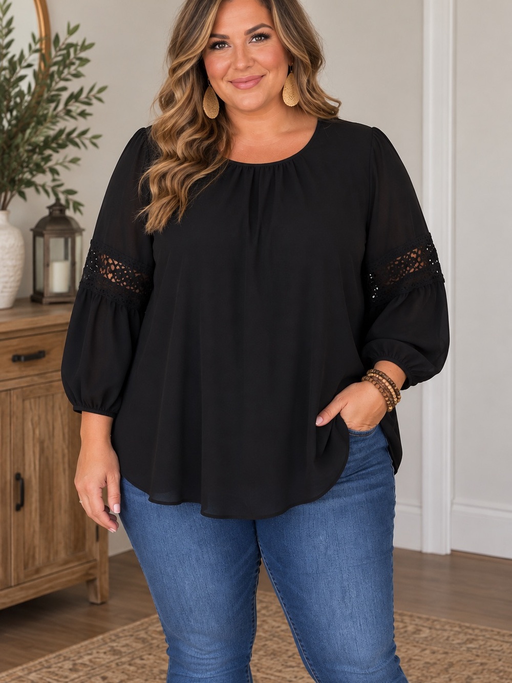 Ava & Viv Black Crochet-Trim Puff Sleeve Blouse